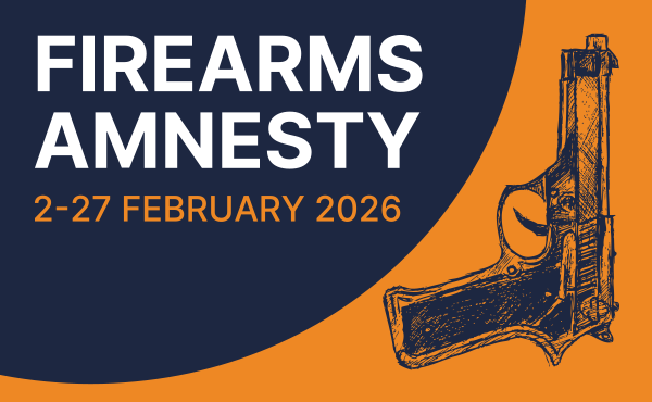 blue and orange picture with words firearms amnesty 2 - 27 february 2026