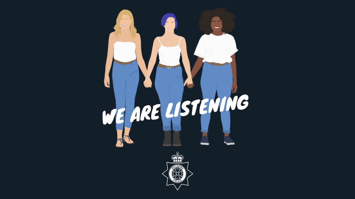 Graphic of three women holding hands with the words we are listening