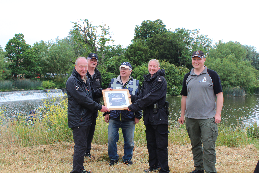 PC Emily Thomas was delighted to be awarded a Certificate of Excellence by The Angling Trust. From left to right: Mark Owen, Head of Freshwater, Nevin Hunter, Regional Enforcement Support Manager (South West England), Frank Hall Voluntary Bailif, PC Emily Thomas and Janusz Kansik, Building Bridges Project Manager.