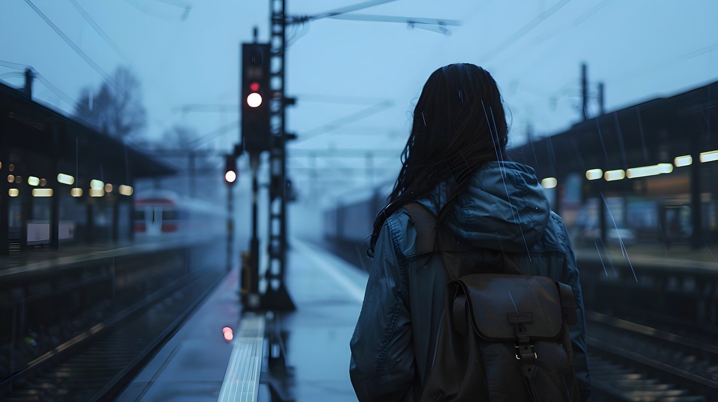 Female on dark station platform