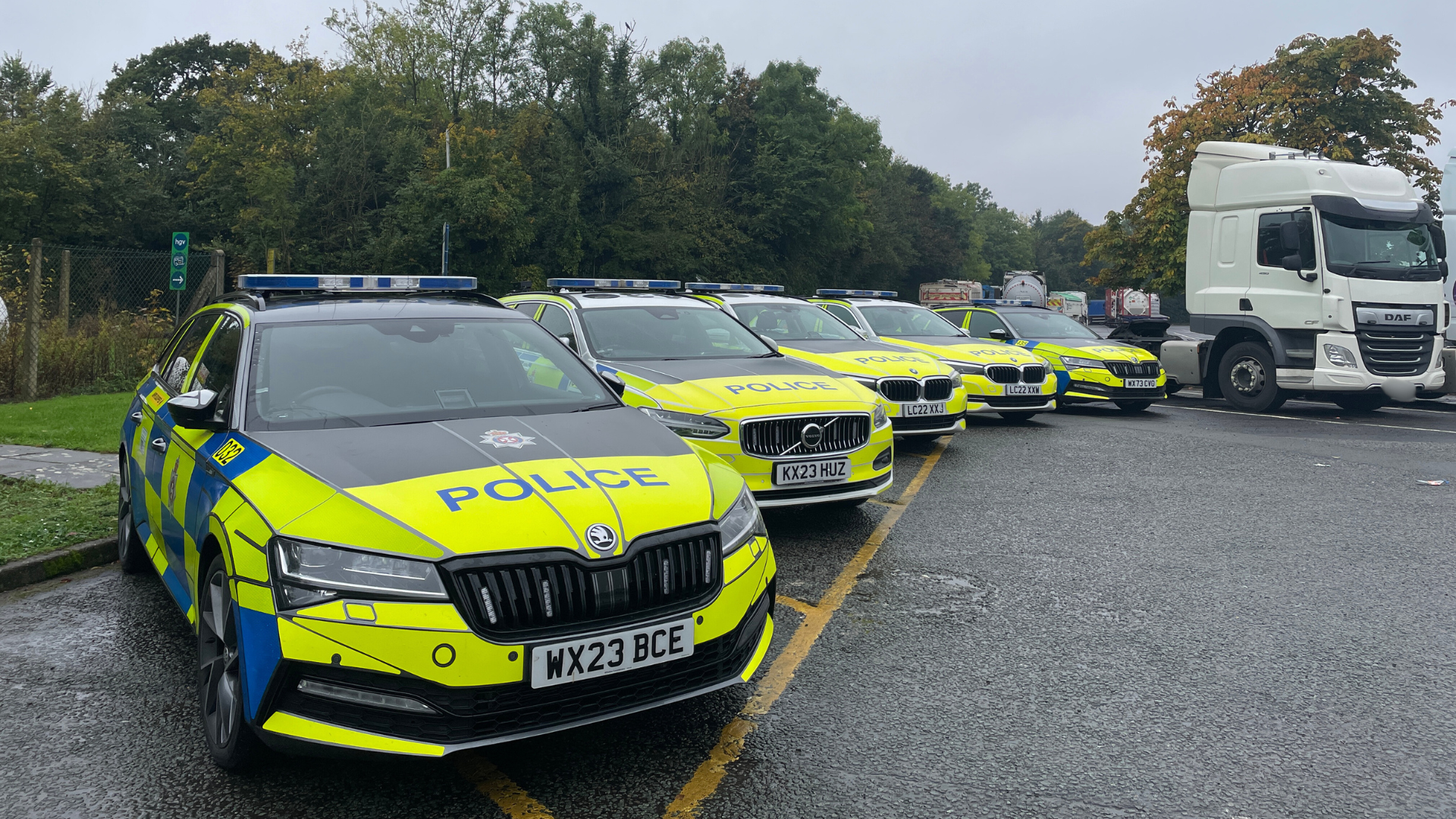 Police cars with the Operation Tramline HGV.