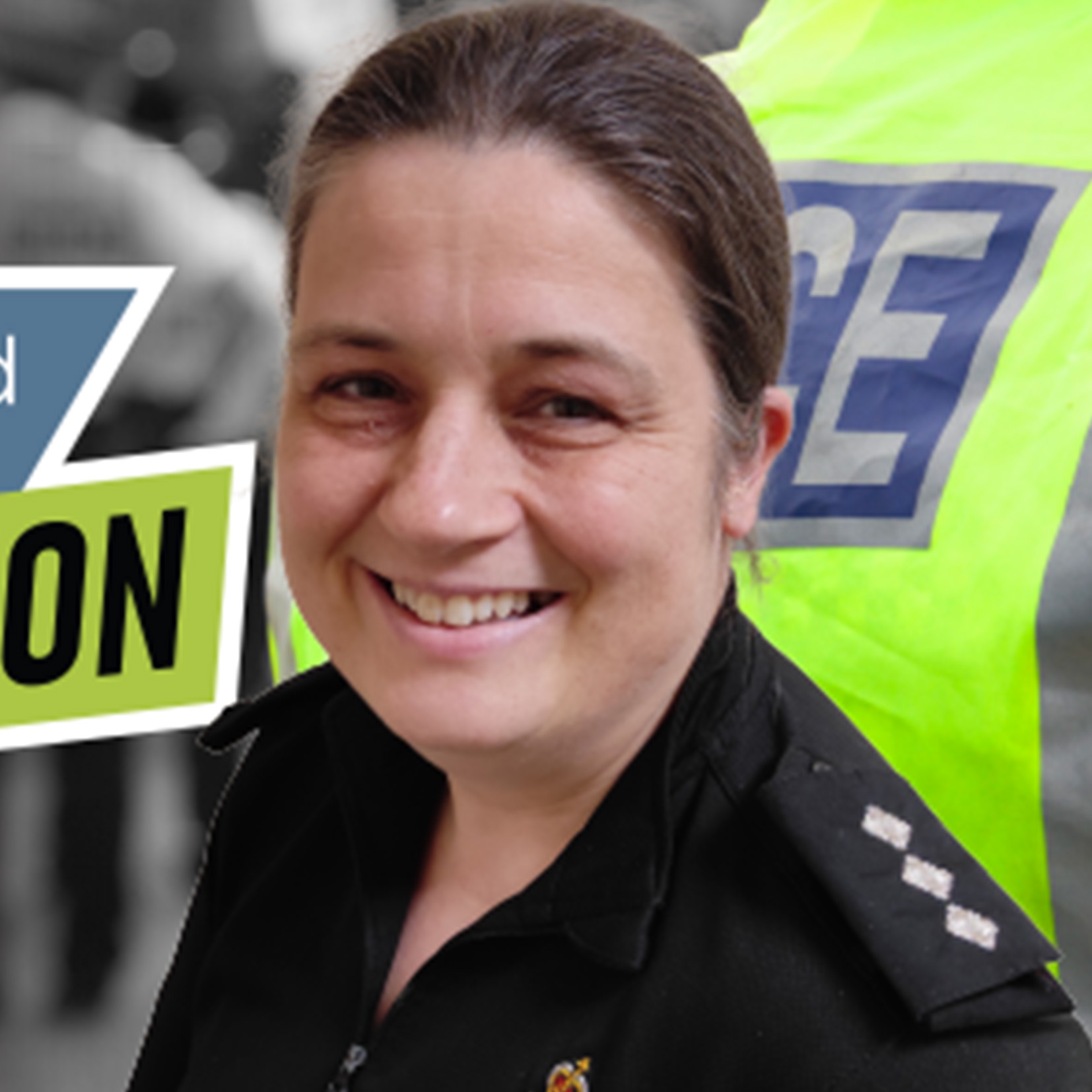 Police officer in front of picture collage 