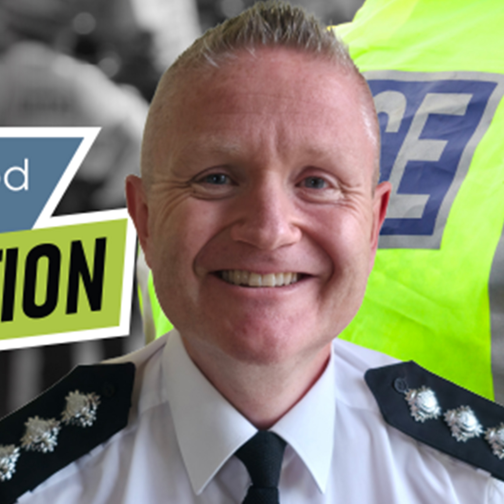 Police officer in front of picture collage